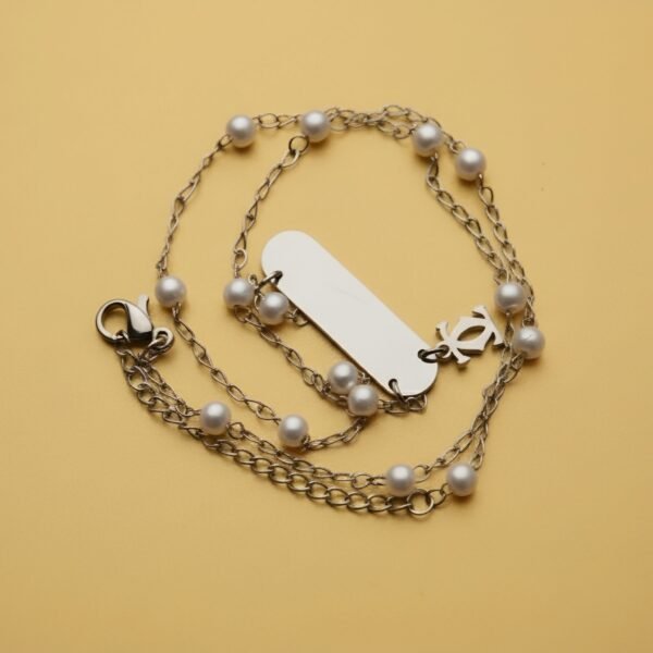 Silver Bar Engravable Name Necklace | Pearl Beaded Chain Locket | Minimalist Gujarati Style Jewelry | Personalized Gift Bhet - Image 2