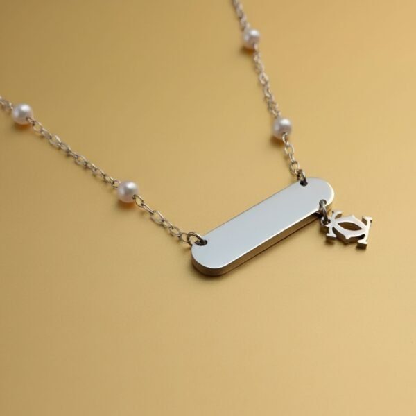 Silver Bar Engravable Name Necklace | Pearl Beaded Chain Locket | Minimalist Gujarati Style Jewelry | Personalized Gift Bhet