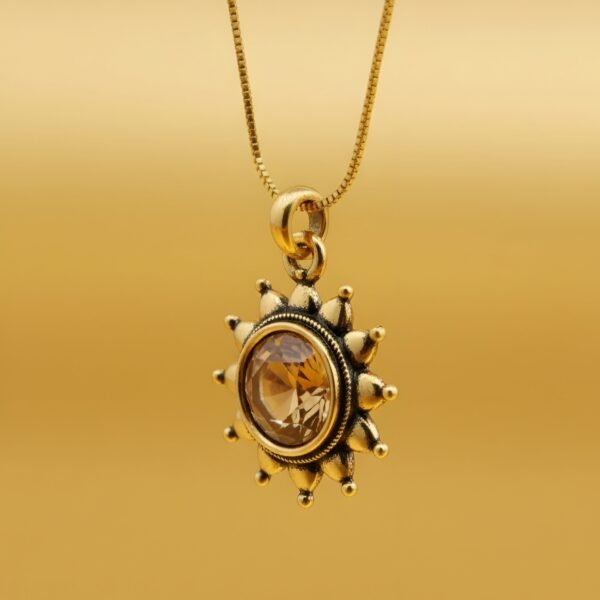 Antique Gold Sunburst Pendant Necklace | Vintage Brown Crystal Suraj Locket | Oxidized Metal Imitation Jewelry - Image 2