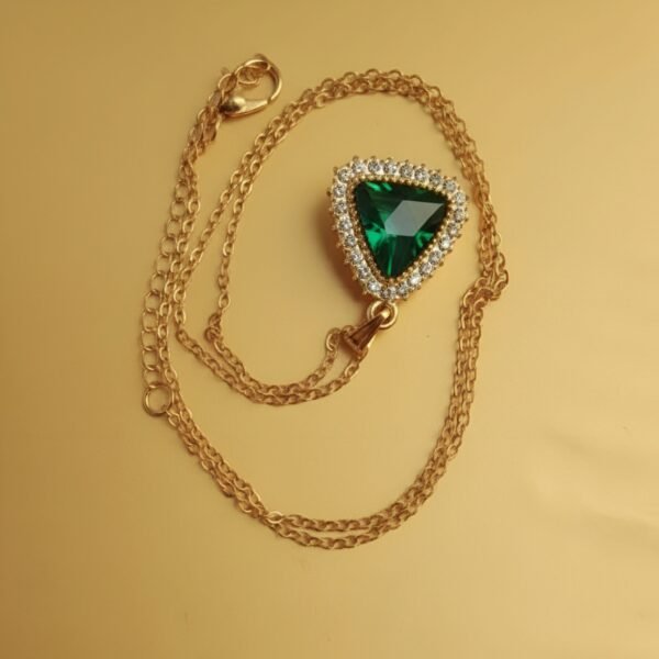 Luxury Green Emerald Triangle Pendant Necklace | Gold Plated American Diamond Halo | Women's Jewelry | Panna Locket - Image 3