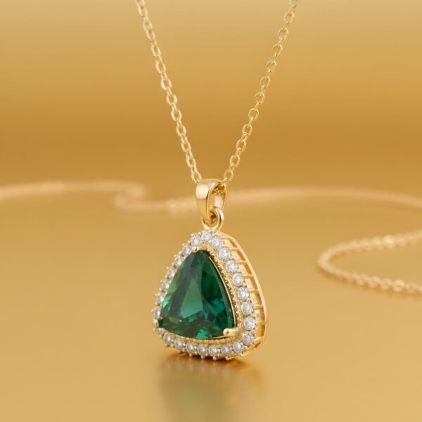 Luxury Green Emerald Triangle Pendant Necklace | Gold Plated American Diamond Halo | Women's Jewelry | Panna Locket - Image 2