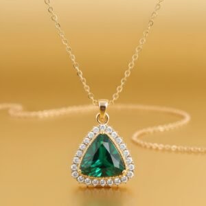Luxury Green Emerald Triangle Pendant Necklace | Gold Plated American Diamond Halo | Women's Jewelry | Panna Locket