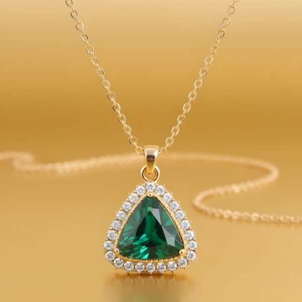 Luxury Green Emerald Triangle Pendant Necklace | Gold Plated American Diamond Halo | Women's Jewelry | Panna Locket