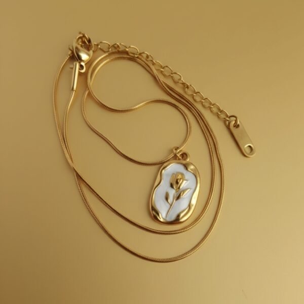 Elegant Gold-Plated White Enamel Rose Pendant Necklace (Phool Locket) - Image 3