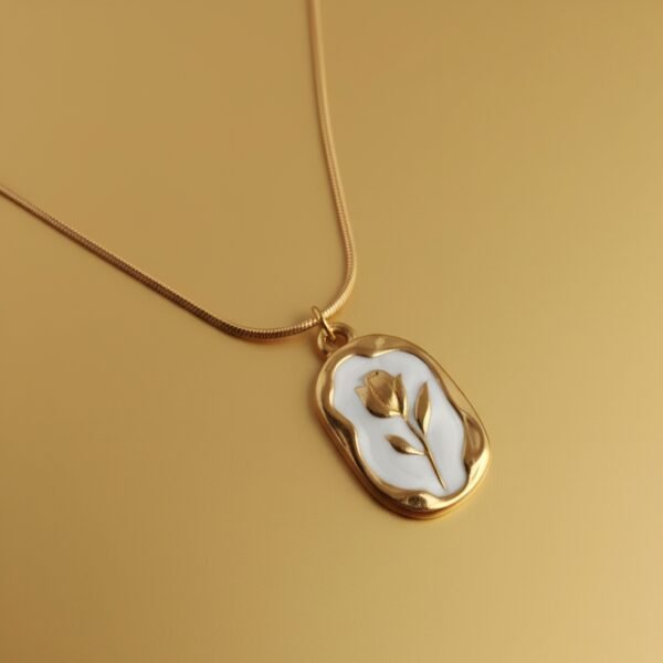 Elegant Gold-Plated White Enamel Rose Pendant Necklace (Phool Locket) - Image 2