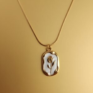 Elegant Gold-Plated White Enamel Rose Pendant Necklace (Phool Locket)