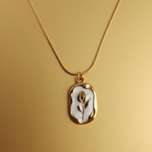 Elegant Gold-Plated White Enamel Rose Pendant Necklace (Phool Locket)