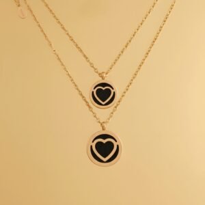 Minimalist Layered Gold Heart Necklace - Black Enamel Locket