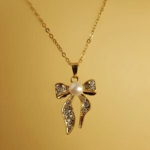 Luxury Gold-Plated Bow Pendant Necklace with Pearl & Crystal Accents