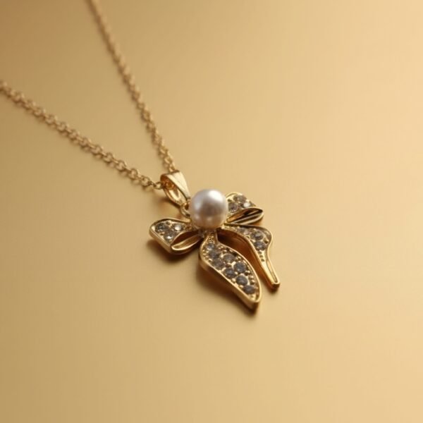 Luxury Gold-Plated Bow Pendant Necklace with Pearl & Crystal Accents - Image 2