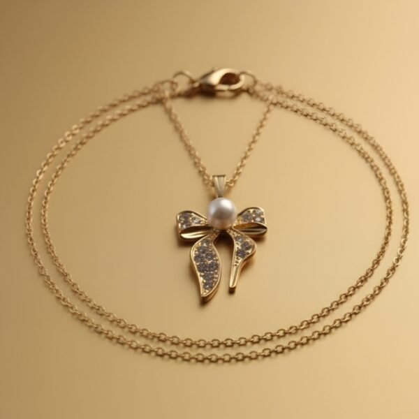 Luxury Gold-Plated Bow Pendant Necklace with Pearl & Crystal Accents - Image 3