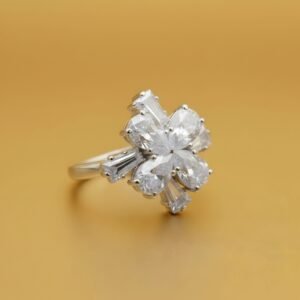 Floral Cluster Diamond Ring in White Gold – Pear & Baguette Cut Statement Ring