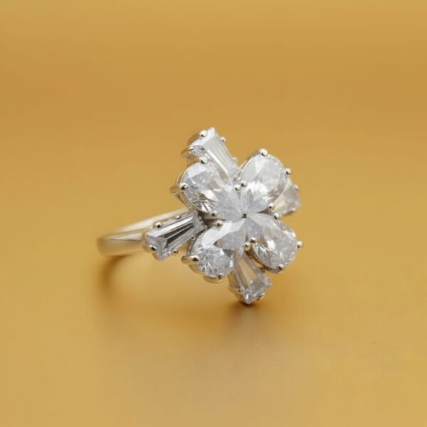 Floral Cluster Diamond Ring in White Gold – Pear & Baguette Cut Statement Ring