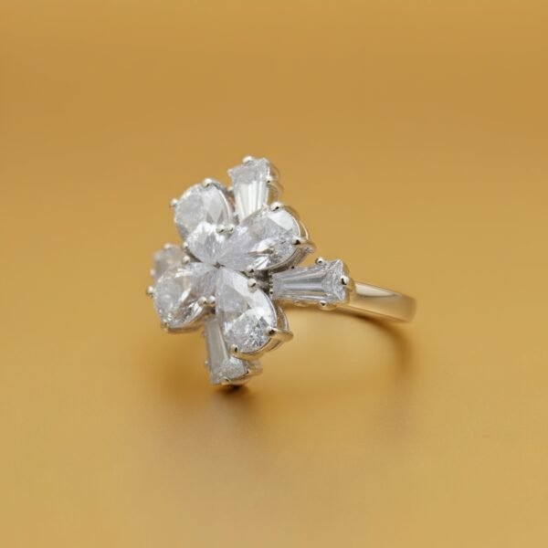 Floral Cluster Diamond Ring in White Gold – Pear & Baguette Cut Statement Ring - Image 2