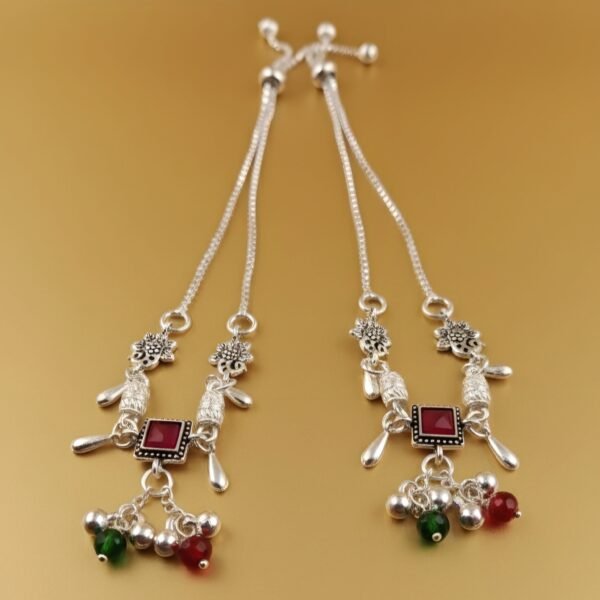 Adjustable Silver-Tone Payal Anklet with Ruby Stone, Floral Motifs & Ghungroo Bells - Image 3