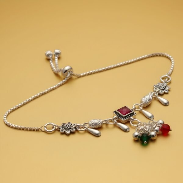 Adjustable Silver-Tone Payal Anklet with Ruby Stone, Floral Motifs & Ghungroo Bells