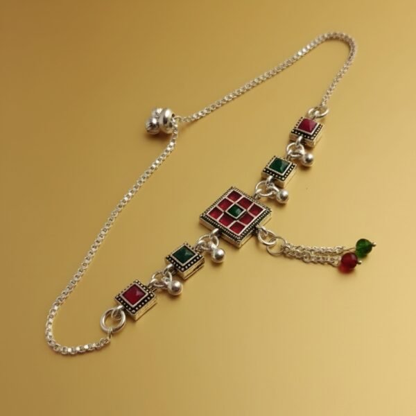 Adjustable Kundan-Style Payal Anklet with Red & Green Square Charms (Bolo Closure)