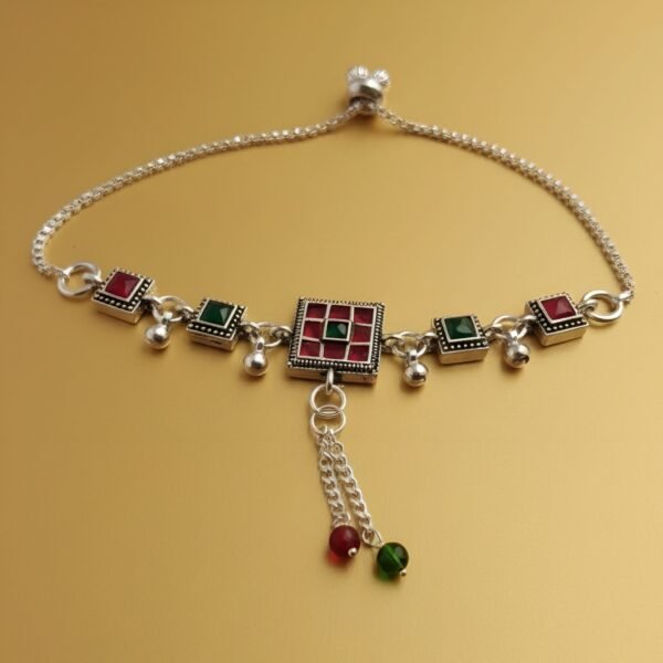 Adjustable Kundan-Style Payal Anklet with Red & Green Square Charms (Bolo Closure) - Image 2