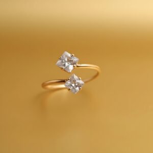 Square Diamond Simulant Toi et Moi Ring | Adjustable Gold Tone Bypass Ring