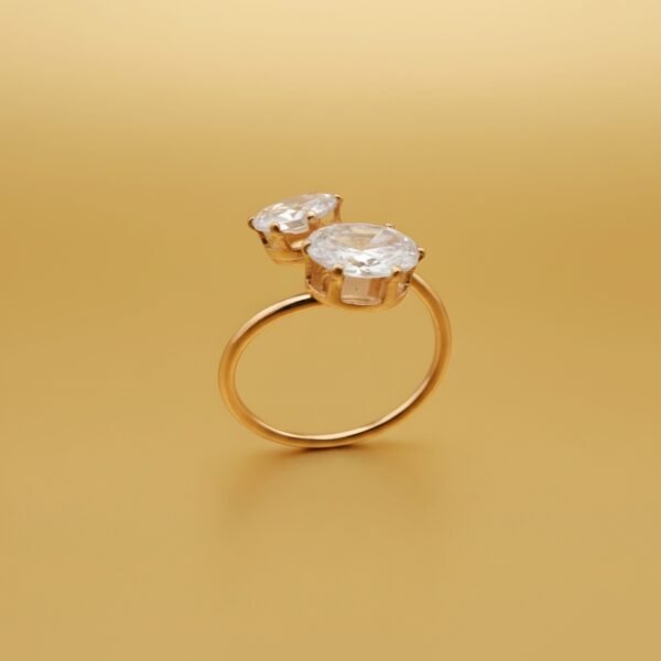 Elegant Oval Cut Two-Stone CZ Ring | 14K Gold Plated Bypass Fashion Ring - Image 2
