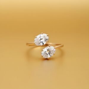 Elegant Oval Cut Two-Stone CZ Ring | 14K Gold Plated Bypass Fashion Ring