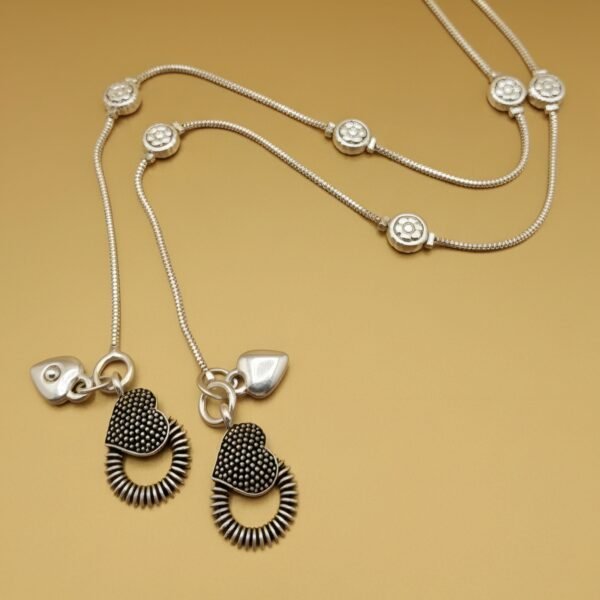 Sterling Silver Layered Anklet with Textured Heart Charms and Floral Spacers - Image 2