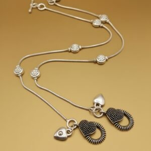 Sterling Silver Layered Anklet with Textured Heart Charms and Floral Spacers