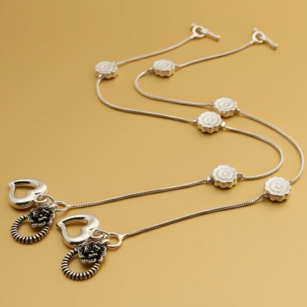 Sterling Silver Layered Anklet with Floral Charms and Heart T-Bar Clasp