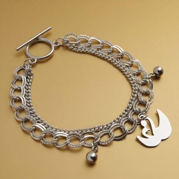 Silver-Toned Multi-Chain Bracelet with Swan Charm and Toggle Clasp
