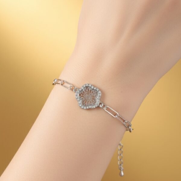 Silver-Toned Paperclip Chain Bracelet with Crystal Pave Filigree Flower Charm - Image 2