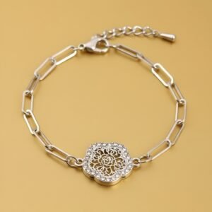 Silver-Toned Paperclip Chain Bracelet with Crystal Pave Filigree Flower Charm