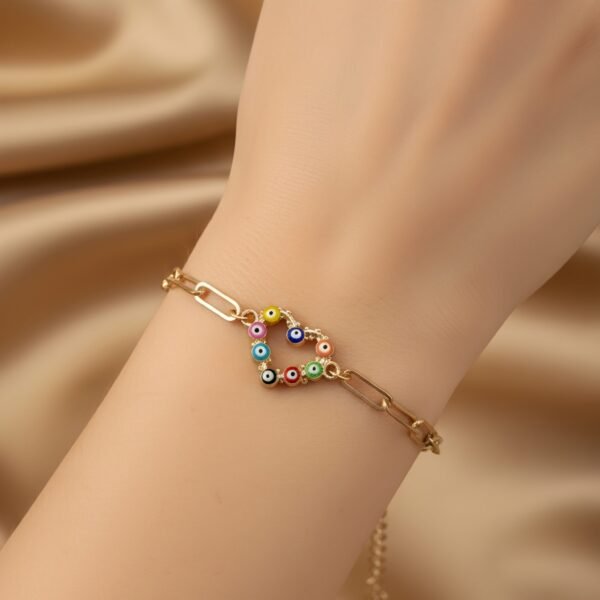 Gold Paperclip Chain Bracelet with Colorful Enamel Evil Eye Heart Charm - Image 2