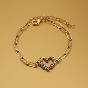 Gold Paperclip Chain Bracelet with Colorful Enamel Evil Eye Heart Charm