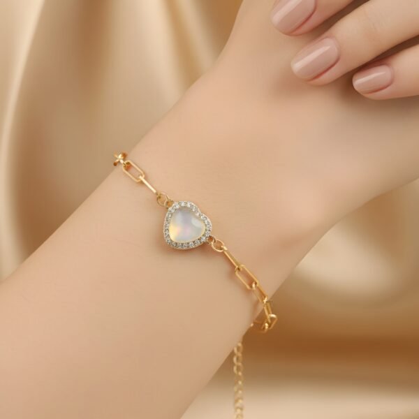 Gold Plated Paperclip Chain Bracelet with Crystal Pave Heart Charm - Image 2