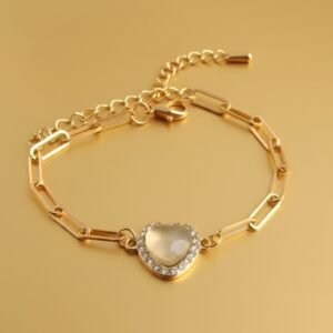 Gold Plated Paperclip Chain Bracelet with Crystal Pave Heart Charm