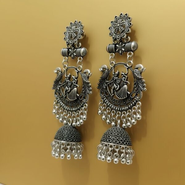Oxidized Silver Traditional Garba Motif Jhumka Earrings for Women and Girls - Image 2