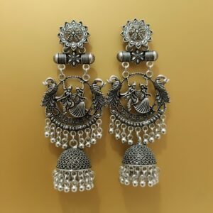 Oxidized Silver Traditional Garba Motif Jhumka Earrings for Women and Girls