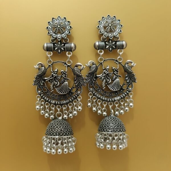 Oxidized Silver Traditional Garba Motif Jhumka Earrings for Women and Girls