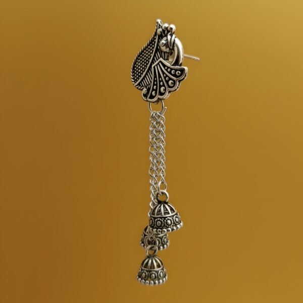 Oxidized Silver Peacock Mor Design Long Chain Jhumki Earrings for Women - Image 4