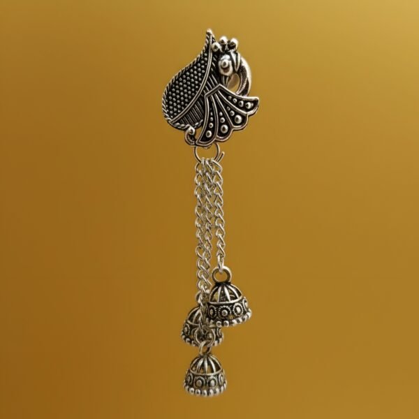 Oxidized Silver Peacock Mor Design Long Chain Jhumki Earrings for Women - Image 3