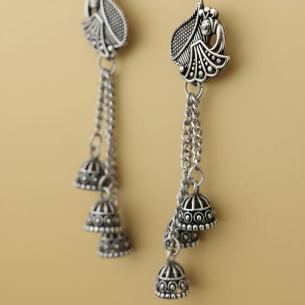 Oxidized Silver Peacock Mor Design Long Chain Jhumki Earrings for Women - Image 2