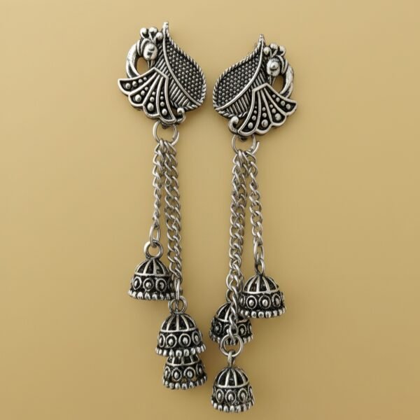 Oxidized Silver Peacock Mor Design Long Chain Jhumki Earrings for Women